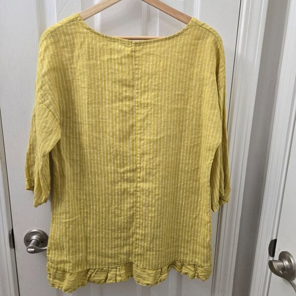 Lungo L'arno Tunic Top M/L Italy Yellow White Stripes Linen Ruffle Lagenlook - Picture 2 of 8